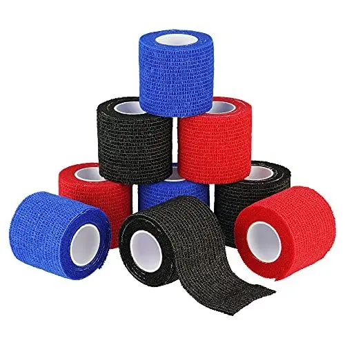 Produktbild: Herolio® 9 x Selbsthaftende Bandage Verband Tape Binde - Rolle 5cm x 450cm - Elastische Haftbandage für Menschen Hunde Pferde - Ideal für Allgemeine Anwendungen Sport Tierpflege (Schwarz, Blau, Rot)