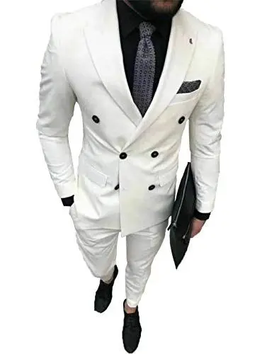 Produktbild: Herren 2 Stück Solide Zweireiher Herrenanzug Slim Fit Blazer-Smoking für Hochzeit Trauzeugen (Blazer + Weste + Hose) (Weiß, 50)