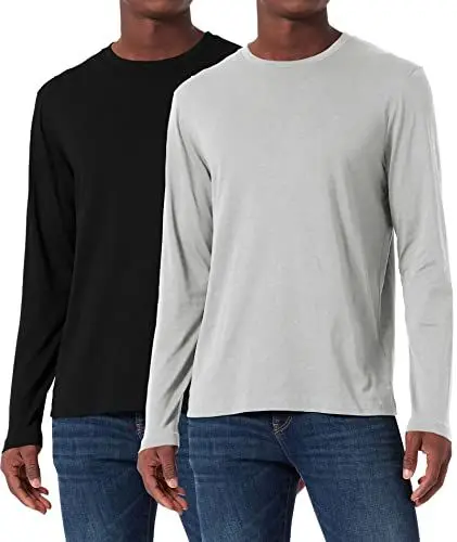 Produktbild: Herren (2er Pack) Baumwolle Classics Langarm T-Shirt Rundhalsausschnitt Baselayer Tops Schwarz/Grau-2P02-M