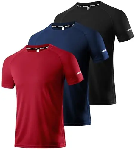 Produktbild: Herren 3er Pack Sport Tshirts Kurzarm Funktionsshirt Laufshirt Mesh Schnelltrocknend Atmungsaktiv Sport T-Shirts Sommer Fitness Trainingsshirt Running Shirts für Männer Black/Navy/Red-3P01-S