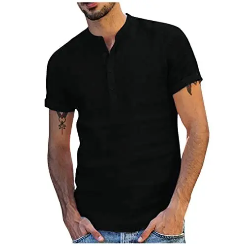 Produktbild: Herren 4 Knopf Henley Hemd Leinen Kurzarm T Shirt Rundhalsausschnitt Baumwollhemden Sommer Freizeitoberteile einfarbiges T Shirt 2024 T Shirt Ausverkauf