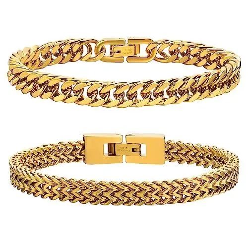 Produktbild: Herren Armband Edelstahl Armbänder Panzerkette - 2 Stücke Gold Herrenarmbänder für Männer Jungs Kubanische Armband 8mm Breite 19cm Länge Geschenke für Papa Sohn Bruder Ehemann Freundschaft