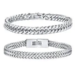 Produktbild: Herren Armband Edelstahl Armbänder Panzerkette - 2 Stücke Silber Herrenarmbänder für Männer Jungs Kubanische Armband 8mm Breite 19cm Länge Geschenke für Papa Sohn Bruder Ehemann Freundschaft