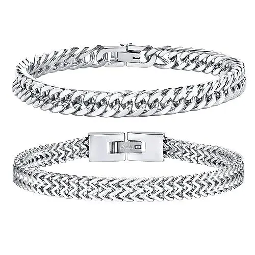 Produktbild: Herren Armband Edelstahl Armbänder Panzerkette - 2 Stücke Silber Herrenarmbänder für Männer Jungs Kubanische Armband 8mm Breite 19cm Länge Geschenke für Papa Sohn Bruder Ehemann Freundschaft