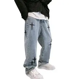 Produktbild: Herren Baggy Jeans Hip Hop Jeans Teenager Junge Streetwear Skateboard Y2K Hose Vintage Bedruckte Jeans Skater Skateboard Hose (Color : Blue, Size : M)