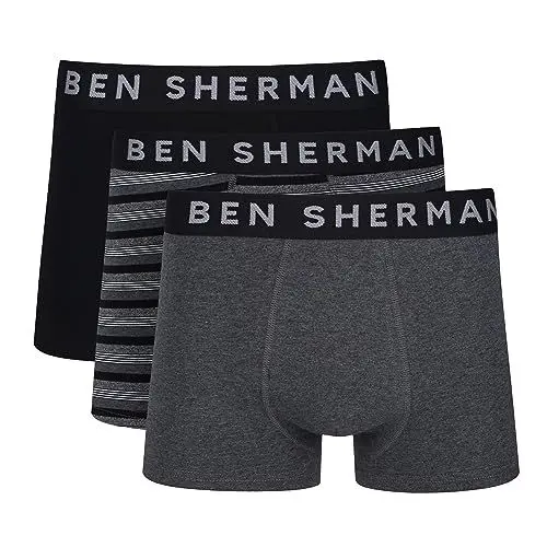 Produktbild: Herren Ben Sherman Boxershorts in Anthrazit/Gestreift/Schwarz | Trunks aus weicher Baumwolle mit elastischem Bund | Bequeme und atmungsaktive Unterwäsche - Dreierpack
