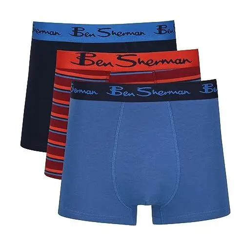 Produktbild: Herren Ben Sherman Boxershorts in Blau/Gestreift/Marineblau | Trunks aus weicher Baumwolle mit elastischem Bund | Bequeme und atmungsaktive Unterwäsche - Dreierpack
