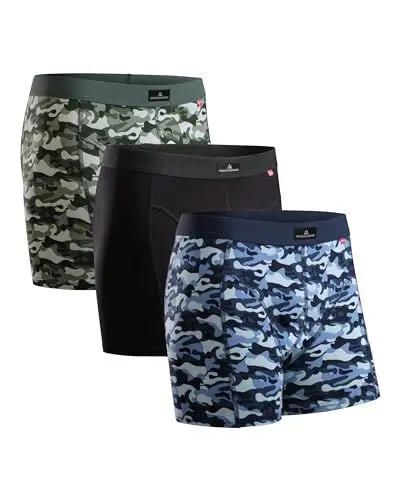Produktbild: Herren Boxershorts, 3er Pack Classic Unterhosen aus weicher Baumwolle, Retroshorts, Cotton Essential, Schwarz, Grau, Blau (Mehrfarbig (1x Camouflage Blau, 1x Schwarz, 1x Camouflage Grün), x_l)