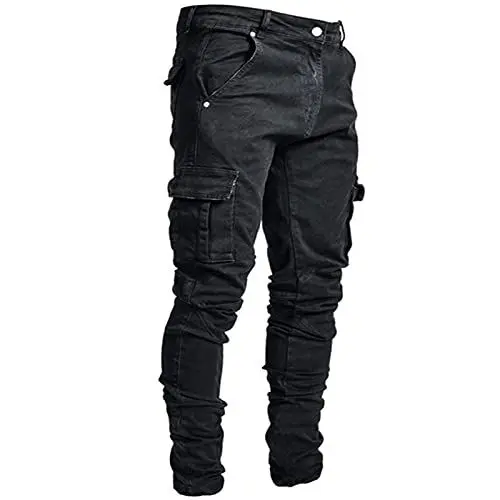 Produktbild: Herren Cargo Jeans Combat Denim Hose Skinny Distressed Jeans mit Mehreren Taschen Arbeitshose Slim Fit Hip Hop Moto Biker Hose Jogger 2024 Ausverkauf
