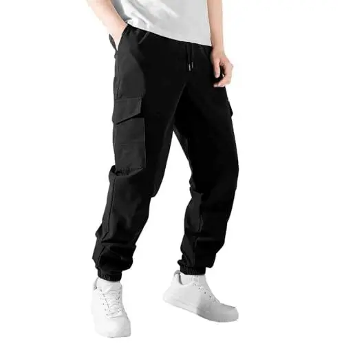 Produktbild: Herren Cargohosen Taktische Hose mit Taschen Militär Outdoorhose 2024 Freizeithose Kordelzug Haremshose Leichte Arbeitshosen Comfy Radlerhose Freizeit Chino Hose Wanderhose Fahrradhose(#B Schwarz,XL)