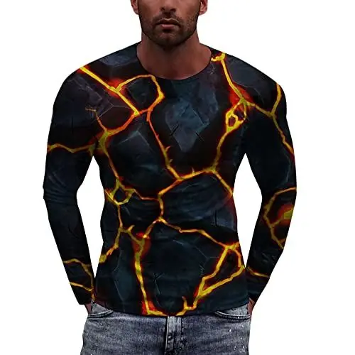 Produktbild: Herren Casual Top Shirts Street 3D Digitaldruck Top Rundhals Langarm Warm Soft Winter T-Shirt Top Hemd Kariert Herren Langarm (XXL,Gelb)