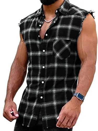 Produktbild: Herren Checkshirt Sleeveless Hemd Kariert Ärmellose Hemden Regular fit Flanellhemd Männer Sommer Baumwollhemd T-Shirt Tank Tops Freizeithemd