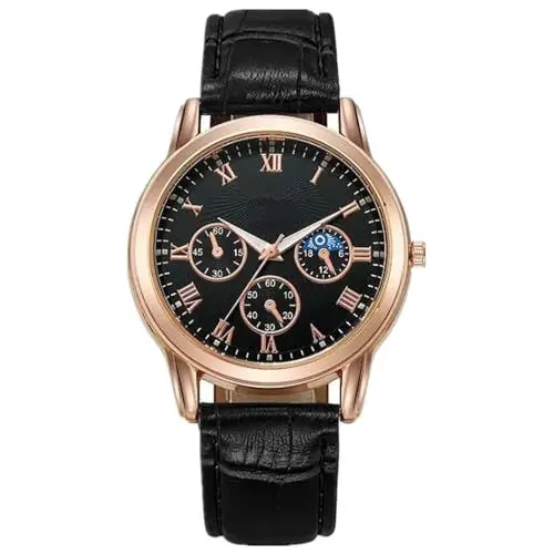 Produktbild: Herren Chronograph Wasserdicht Multifunktion Zeiger Quarzuhr Mode Rose Gold Mondphase Herren Lederuhr
