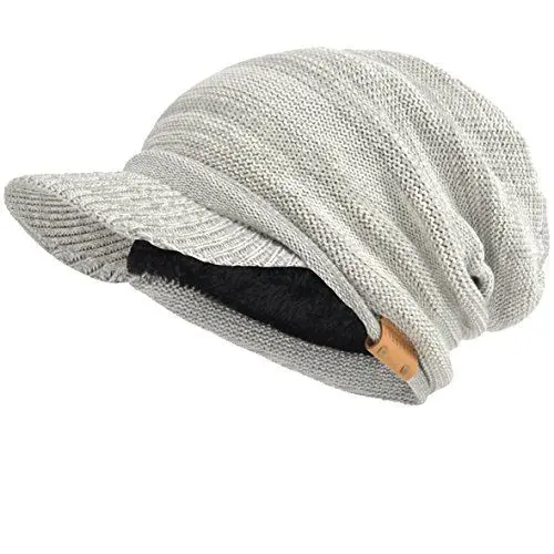 Produktbild: Herren Dame Dick Vlies Gefütterte Strickmützen Stricken Slouch Mütze Mit Visier (Blass/Grau)