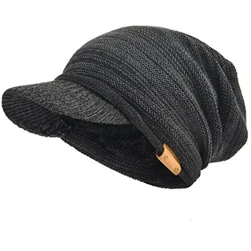 Produktbild: Herren Dame Dick Vlies Gefütterte Strickmützen Stricken Slouch Mütze Mit Visier (Grau/Schwarz)