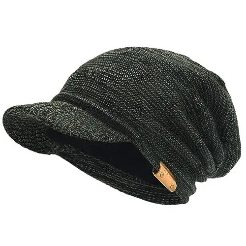Produktbild: Herren Dame Dick Vlies Gefütterte Strickmützen Stricken Slouch Mütze Mit Visier (Grün/Schwarz)