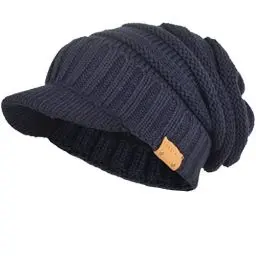 Produktbild: Herren Dame Dick Vlies Gefütterte Strickmützen Stricken Slouch Mütze Mit Visier (Marine)