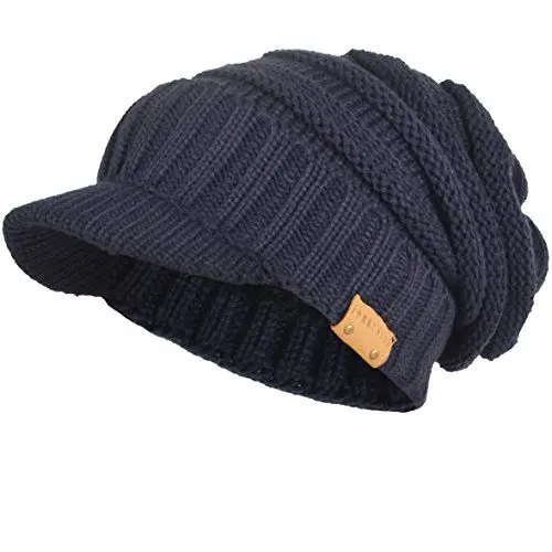 Produktbild: Herren Dame Dick Vlies Gefütterte Strickmützen Stricken Slouch Mütze Mit Visier (Marine)