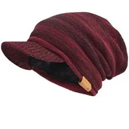 Produktbild: Herren Dame Dick Vlies Gefütterte Strickmützen Stricken Slouch Mütze Mit Visier (Rotwein/Schwarz)