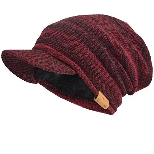 Produktbild: Herren Dame Dick Vlies Gefütterte Strickmützen Stricken Slouch Mütze Mit Visier (Rotwein/Schwarz)