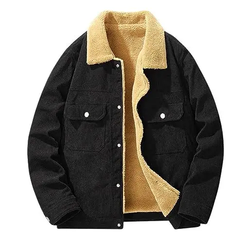 Produktbild: Herren Flanelljacke Fleecejacke Winterjacke Herbstjacke Revers Übergangsjacke Hemdjacke Warme Bequem Cord-Jacke Plüsch gefüttert Frühlingsjacke(Black,4XL)