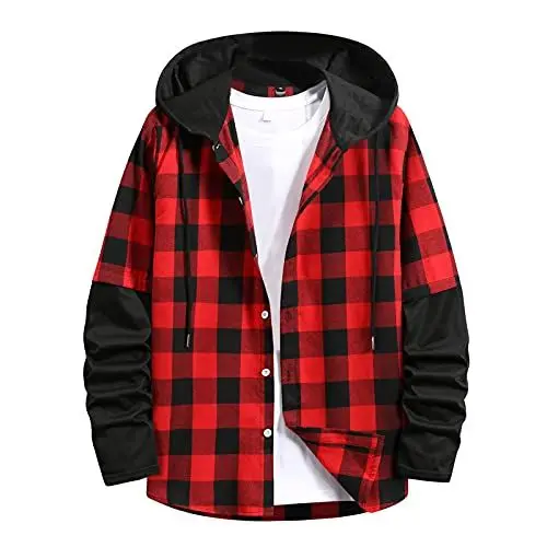 Produktbild: Herren Freizeitjacke Übergangsjacke Sweatjacke Sportjacke Winter Jacken Leichte Jacke Kapuzenjacke Winter Casual Kariertes Hemd mit Kapuze Kragen Langarm Hemdbluse Hemd(Red,XXL)