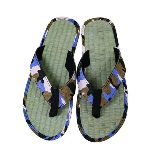 Produktbild: Herren Hausschuhe mit unten Holzboden Atmungsaktive Camouflage Canvas Hausschuhe Indoor Sandalen Hausschuhe Hausschuhe Geschlossen Damen Schlappen Herren 45 (Blue, 43)