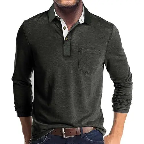 Produktbild: Herren Hemd Langarm Poloshirt Herren Langarm T Shirts mit Tasche Polo Klassisches XL 01-Dunkelgrau