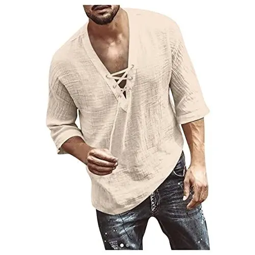 Produktbild: Herren Hemd Langarm, Tshirt Basic T Shirt Herren Langarm Hemden mit Stehkragen Leichtgewichtige Bluse in Uni Farbe Pailletten Hemd Herren Pailletten Hemd Herren T-Shirt Herren (Beige,5XL)