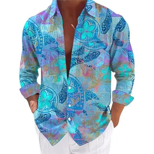 Produktbild: Hawaii Hemd Männer,Langarm Blumen Hemd Herren,Hawaiian Top Slim Fit Retro Sommerhemd Faltenfrei Urlaub Shirt Hawaii Hemd Strand Hemd Langarmhemd,Sommerhemd