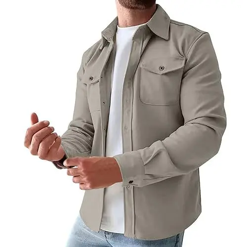 Produktbild: Herren Hemdjacke Dicke Weiche Karo Übergangsjacke Fleece Gefüttert Holzfäller Hoodie Herrenjacke Oversized Hemd Jacke für Männer(Khaki,XXL)