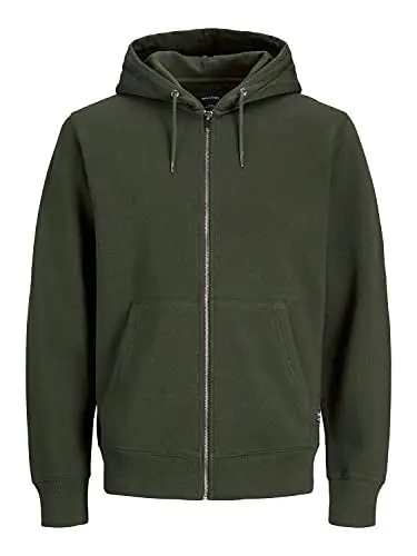 Produktbild: Herren Jack & Jones Kapuzen Sweatshirt Hoodie JJESOFT Basic Zip Sweater Pullover Jumper mit Reisverschluss, Farben:Dunkelgrün, Größe Pullover:S