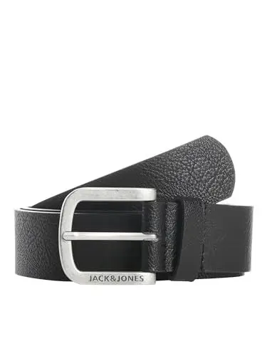 Produktbild: Herren Jack & Jones Ledergürtel JACHARRY Belt Leder Optik Gürtel mit Logo Metall Schnalle, Farben:Schwarz, Größe Gürtel:80