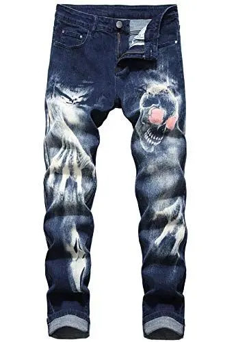 Produktbild: Herren Jeans Totenkopf Aufdruck Trend Chic Jeanshose Streetwear Essential Unique Retro Denim Hosen (Dunkelblau,30)