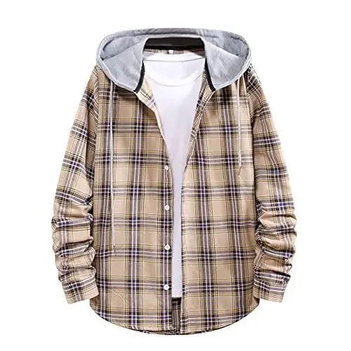 Produktbild: Herren Kariertes Hemd Männer Regular-Fit Langarm Freizeit Karohemd mit Kapuze(Khaki,L)