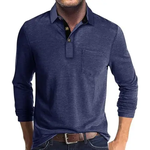 Produktbild: Herren Klamotten Poloshirts für Herren Langarm Casual Hemd Casual Hemd T-Shirt Langarm Winter T-Shirt Langarmshirt mit Kragen Solid Business Blau XL