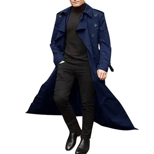 Produktbild: Herren Klassisch Länge Zweireihiges Revers Trenchcoat Casual Slim Fit Ultradünner Windbreaker Stilvoll Outdoor Winddichter Sonnenmantel Blau XL