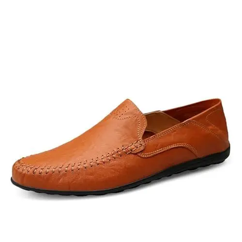 Produktbild: Herren Klassische Mokassins Lederschuhe Loafers Schuhe zum Autofahren modische Schlupfschuhe Slipper Leder Flach Atmungsaktiv Freizeitschuhe Rotbraun 46