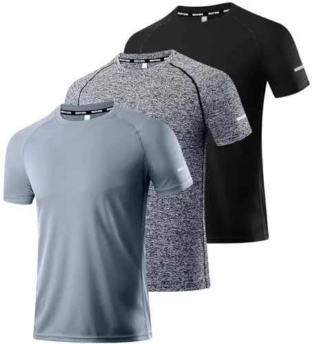 Produktbild: Herren Kurzarm T-Shirt Leicht Schnelltrocknend UPF 50 Sun Shirt Tops Funktionsshirt Fitness Shirt Atmungsaktiv Schnelltrocknend Sport Shirt Outdoor Laufshirt Sport Oberteil Black/Gray/HGrey-3P03-2XL