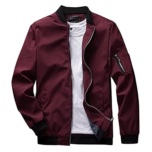 Produktbild: Herren Leichte Dünne Bomberjacke mit Ärmeltasche Blouson Jacke Übergangsjacke Stehkragen US Fliegerjacke mit Innentasche M-3XL(Red,M)