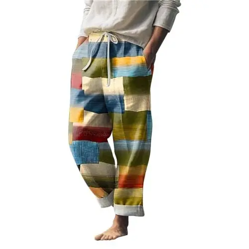 Produktbild: Herren Leinenhose Lang Leicht Hose Baumwolle Cargo Loose Freizeithose Mit Kordelzug Herren Hosen Mit Gummizug Hose Herren Weiß 30/30 Schwarz Weiße Baggy Hose Herren