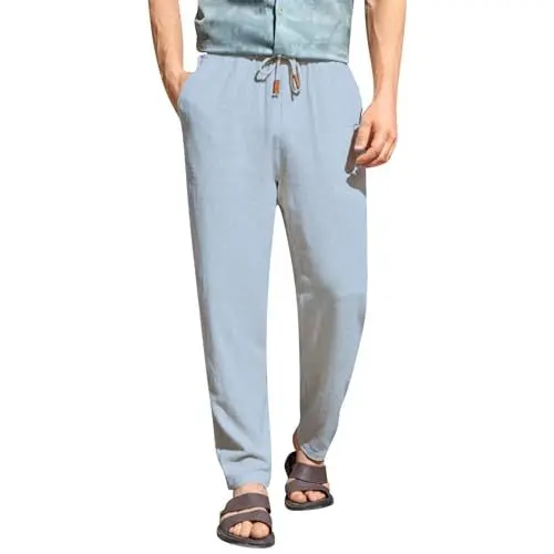 Produktbild: Herren Leinenhose Lang Leicht Loose Fit Freizeithose Hose Mit Kordelzug Seitetasche Strandhose leichte Sommer Freizeithose Herren arbeits Herren Hose schwarz Linen Pants Men Slim fit