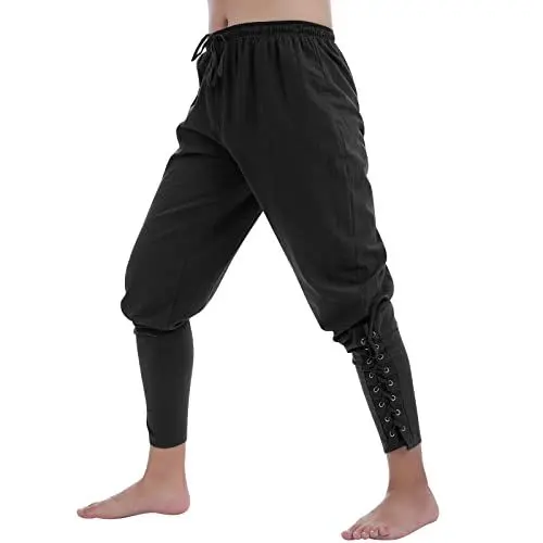 Produktbild: Odizli Mittelalter Kleidung Herren Sommer Leinenhose Lang Wikinger Gothic Steampunk Renaissance Viktorianische Hosen Pirat Kostüm Piratenkostüm Halloween Karneval Cosplay Faschingskostüme Schwarz XL