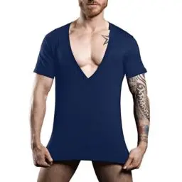 Produktbild: Herren Modal Weich & Stylisch Tiefer V-Ausschnitt Kurzarm T-Shirt mit tiefem Schnitt & Schlanke Passform & Dehnen Marineblau L