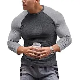 Produktbild: Herren Muskeln Raglan schneiden T-Shirts mit 3/4 Hülse Fitness Trainiert T-Shirt Dunkelgrau-Hellgrau M