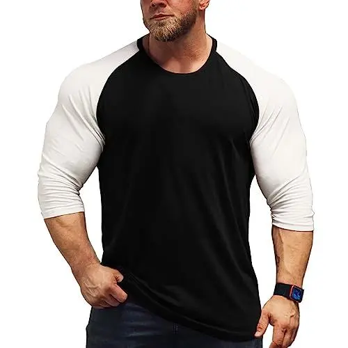 Produktbild: Herren Muskeln Raglan schneiden T-Shirts mit 3/4 Hülse Fitness Trainiert T-Shirt Schwarz-Weiß L