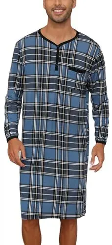 Produktbild: Herren Nachthemd Langarm Kariertes Knielang Schalfshirt Leicht Luftig Henley Pyjamaoberteil für Krankenhaus Karo-Blau,4XL