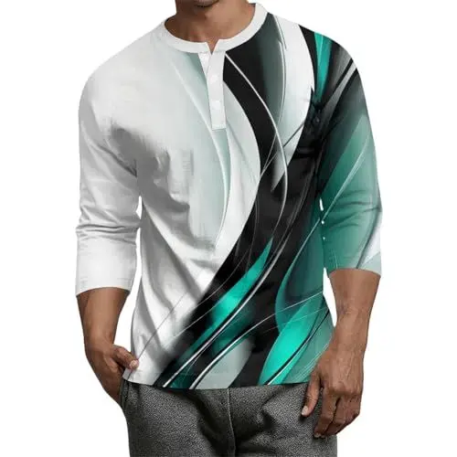 Produktbild: Herren Outfit Weisses Hemd Männer Bügelfrei Leinen Sakko Thermo Oberteil Langarm Tshirt Gym Wear Fischerhemd mit Stehkragen Türkis L