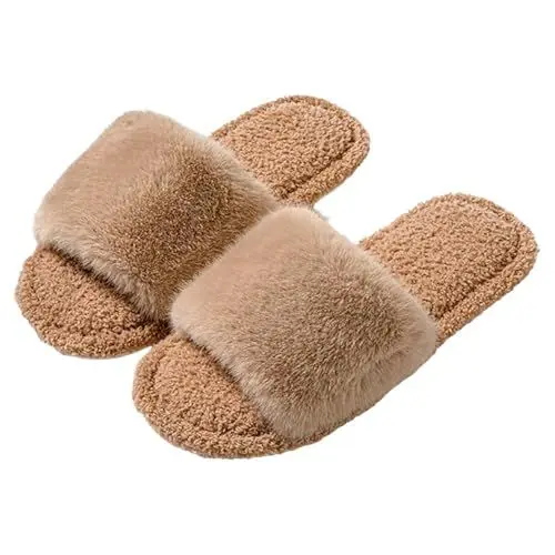 Produktbild: Herren Pantoffeln Leder Pluffi Hausschuhe Für Damen Mit Flacher Unterseite, Lange Samt-Hausschuhe Damen, Warme (Coffee, 36) Gästeschuhe Set Rutschfeste Sohle Comfy Crew Hausschuh Warm Slippers
