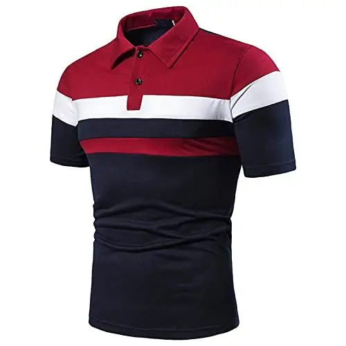 Produktbild: Herren Poloshirt kurzärmlig T Shirt Streifen Panel Polo T Shirts Sommer Tops mit Knopfleiste Revers lässig Business Golf T Shirts Farbblock Patchwork Shirts Größe S 5XL